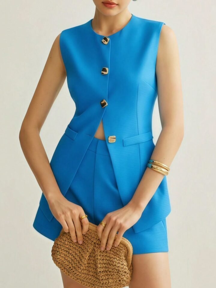 Conjunto Elegante de Chaleco Entallado con Botones Dorados y Short