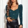 Blusa de Lurex Brillante con Mangas Abullonadas y Escote Corazón