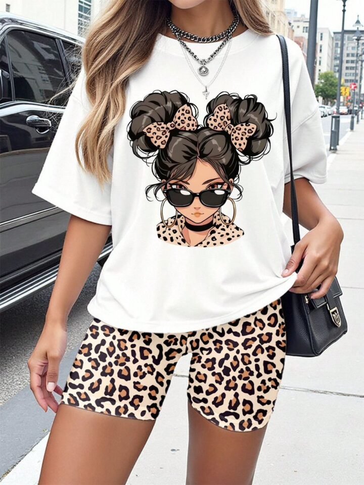 Conjunto talla XS Casual de Camiseta Oversize y Biker Short con Estampado de Morena y Animal Print