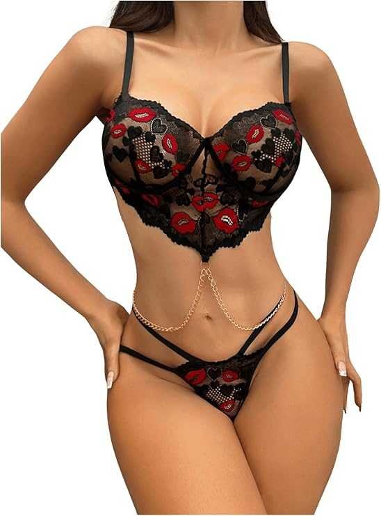 61K5q3Cgk7L._AC_SY741_ Conjunto de Lencería talla S Negro con Bordado de Besos Rojos y Detalle de Cadenas Doradas