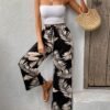 7asdwY741_ Pantalón Palazo Estampado de Hojas Tropicales con Lazo en Cintura