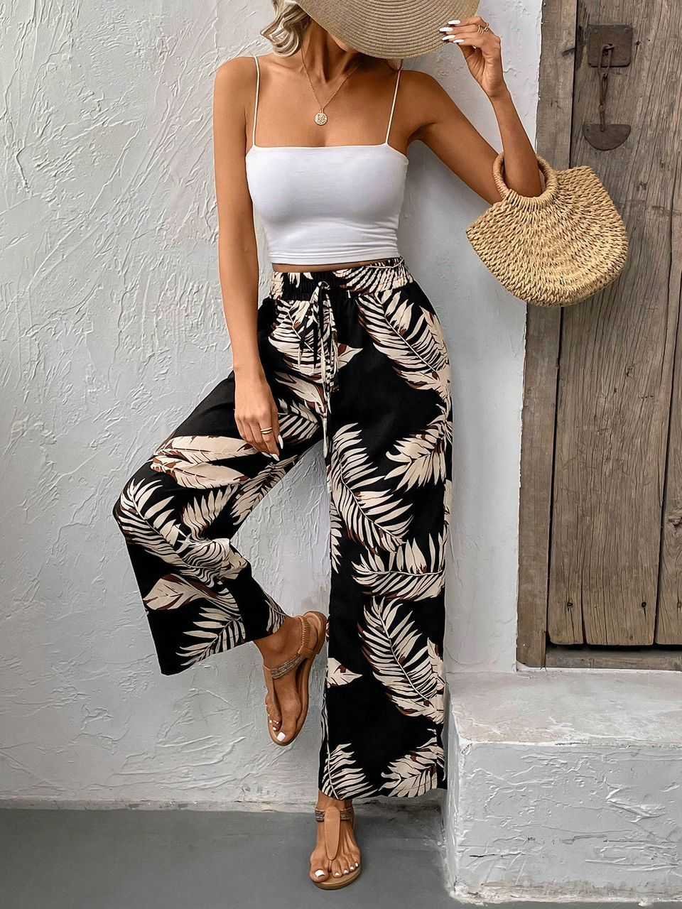 7asdwY741_ Pantalón Palazo Estampado de Hojas Tropicales con Lazo en Cintura