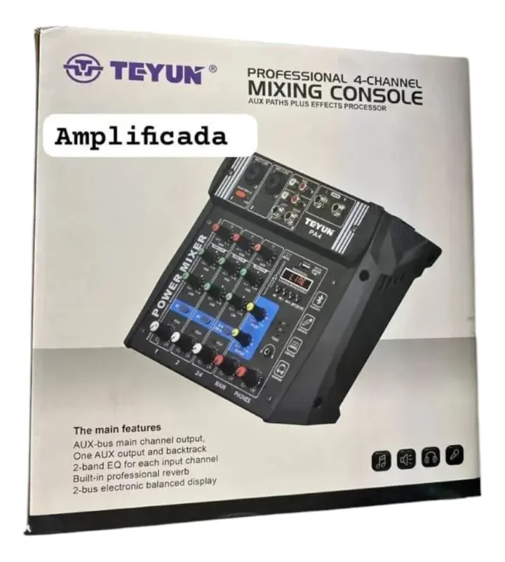 Consola de Mezcla Amplificada Teyun PA4 de 4 Canales (2x150W) con Bluetooth y USB
