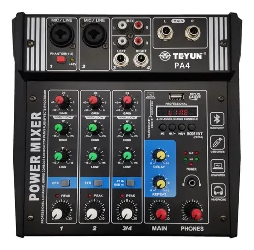 Consola de Mezcla Amplificada Teyun PA4 de 4 Canales (2x150W) con Bluetooth y USB