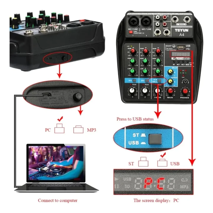 Consola Mezcladora Profesional Teyun A4 de 4 Canales con Bluetooth y USB