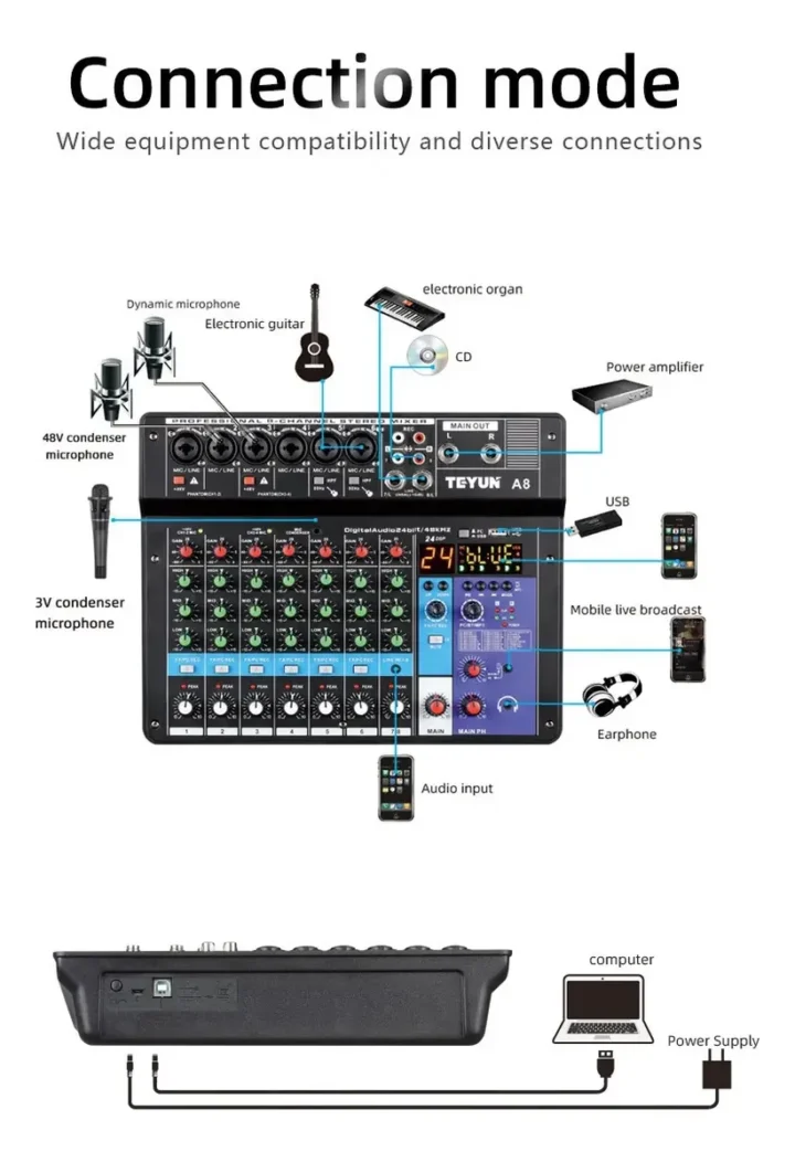 Consola de Mezcla Profesional Teyun A8M de 8 Canales con Bluetooth y 24 Efectos DSP