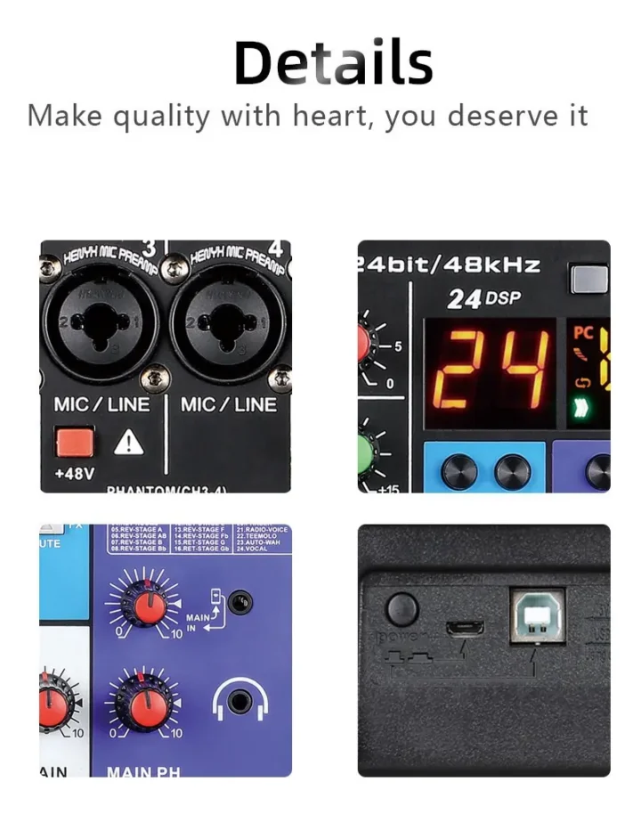 Consola de Mezcla Profesional Teyun A8M de 8 Canales con Bluetooth y 24 Efectos DSP