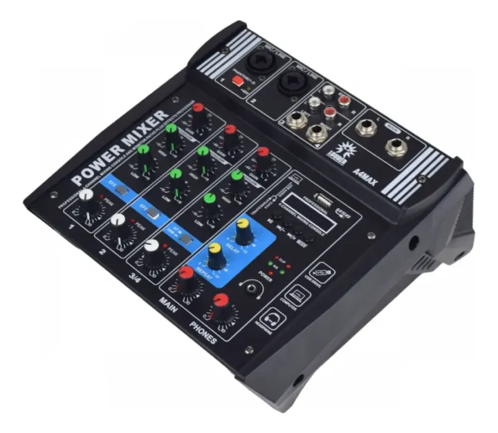 Consola de Mezcla Amplificada Teyun PA4 de 4 Canales (2x150W) con Bluetooth y USB