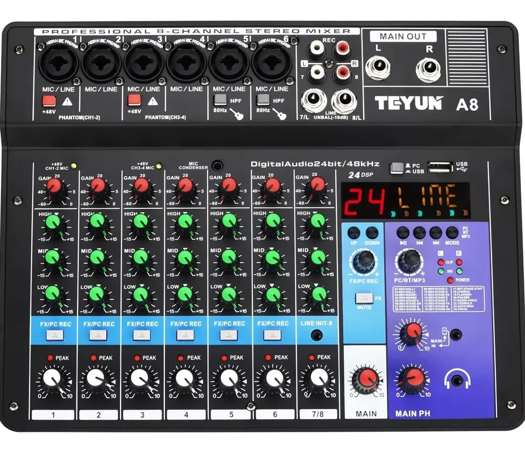 Consola de Mezcla Profesional Teyun A8M de 8 Canales con Bluetooth y 24 Efectos DSP