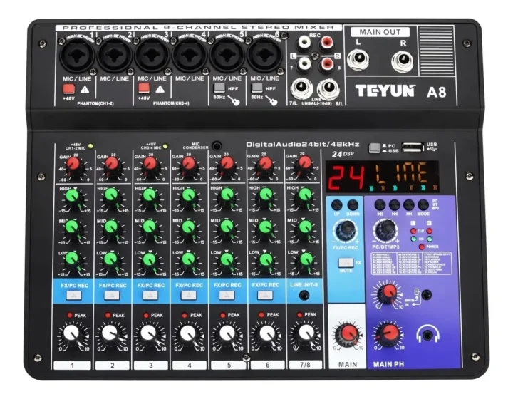Consola de Mezcla Profesional Teyun A8M de 8 Canales con Bluetooth y 24 Efectos DSP