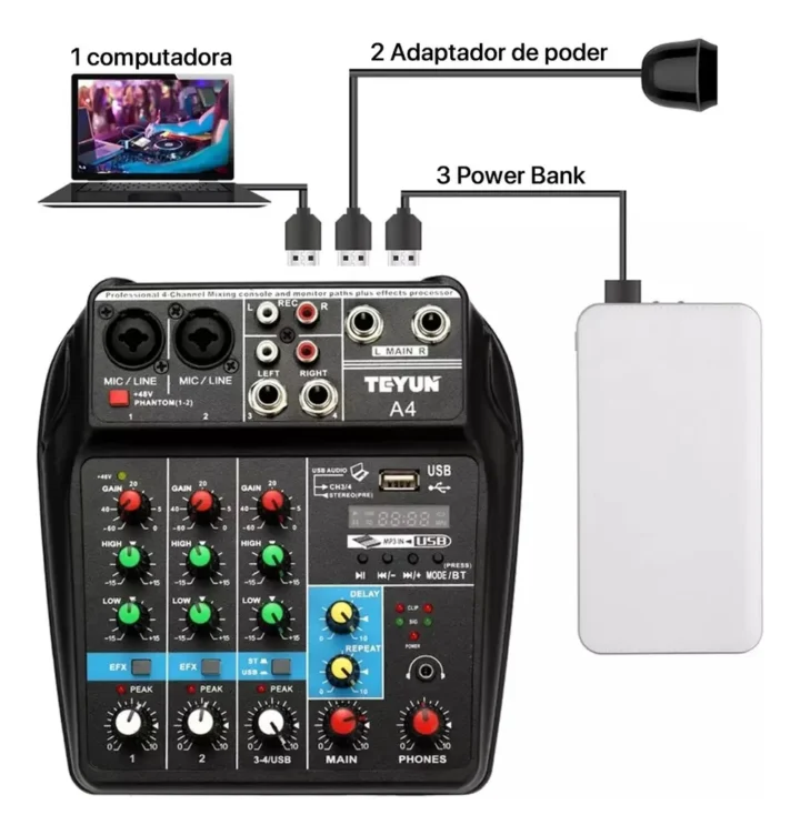 Consola Mezcladora Profesional Teyun A4 de 4 Canales con Bluetooth y USB