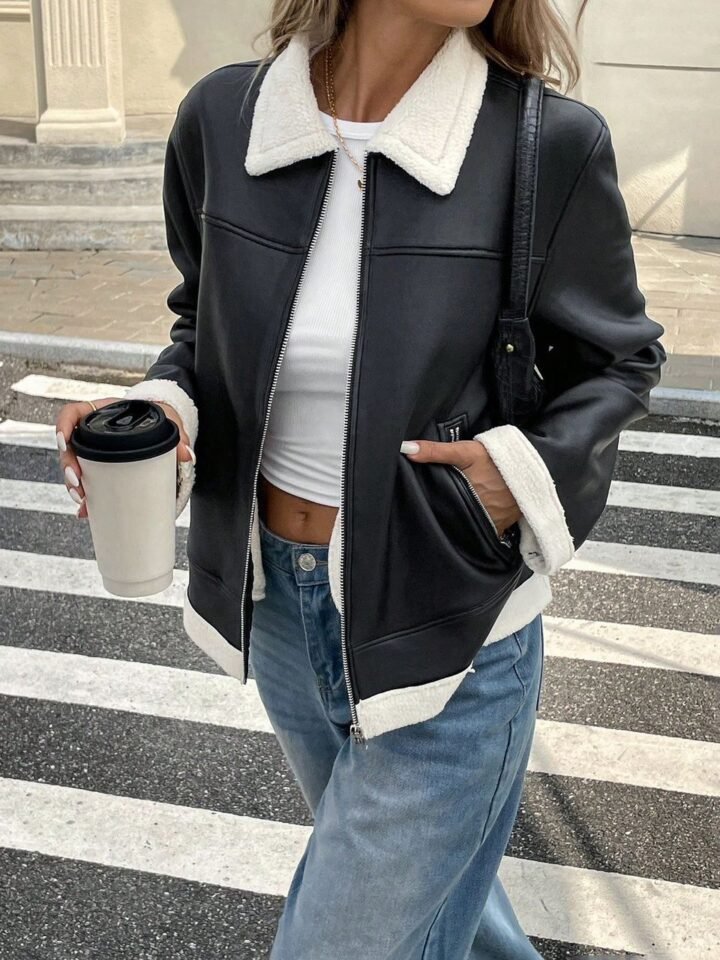 Chaqueta Estilo Aviador de Cuero Sintético con Forro de Peluche