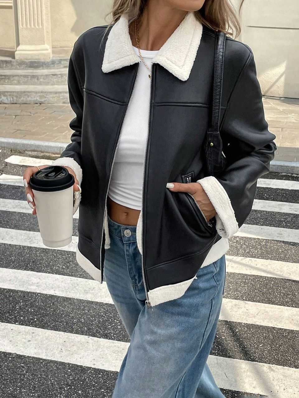 Chaqueta Estilo Aviador de Cuero Sintético con Forro de Peluche