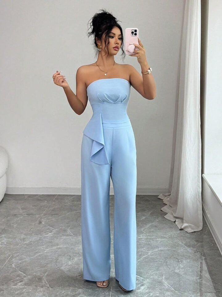 Enterizo talla M Elegante Strapless Azul Cielo con Detalle de Cascada en Cintura