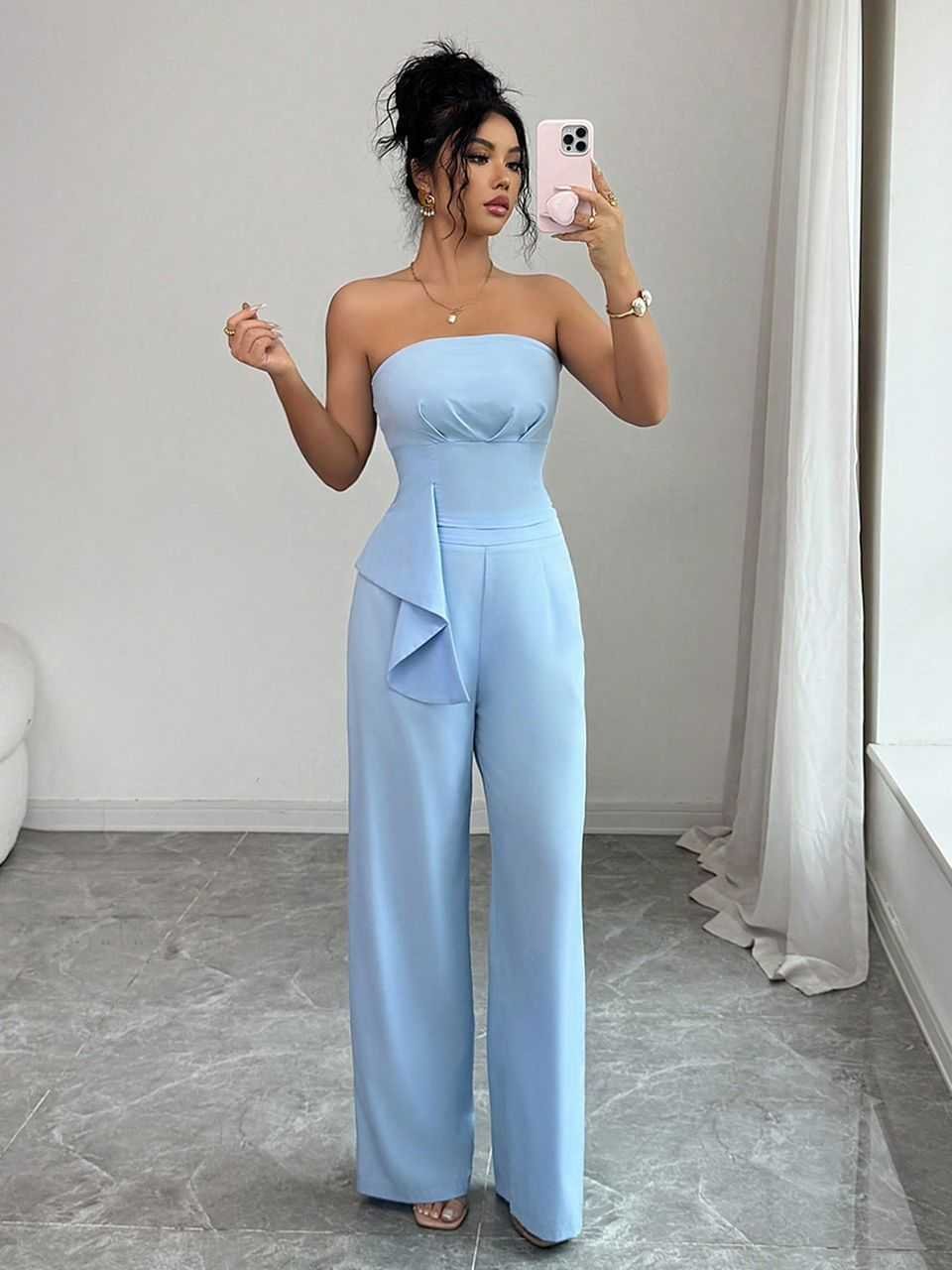 Enterizo talla M Elegante Strapless Azul Cielo con Detalle de Cascada en Cintura