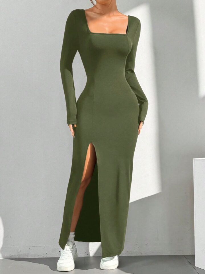 Vestido Largo Elegante Verde Oliva de Manga Larga con Abertura Frontal