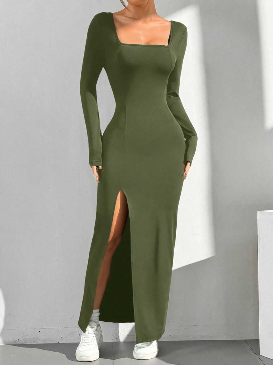 asd500_ Vestido Largo Elegante Verde Oliva de Manga Larga con Abertura Frontal