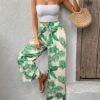 asdaws Pantalón Palazo Estampado de Hojas Tropicales con Lazo en Cintura