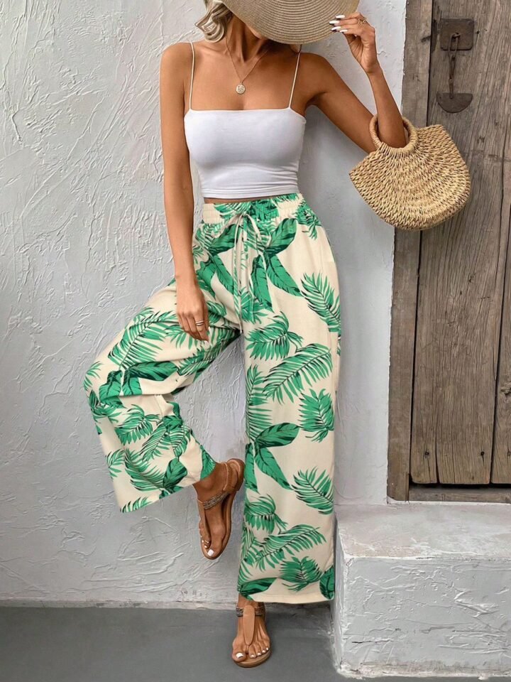 asdaws Pantalón Palazo Estampado de Hojas Tropicales con Lazo en Cintura