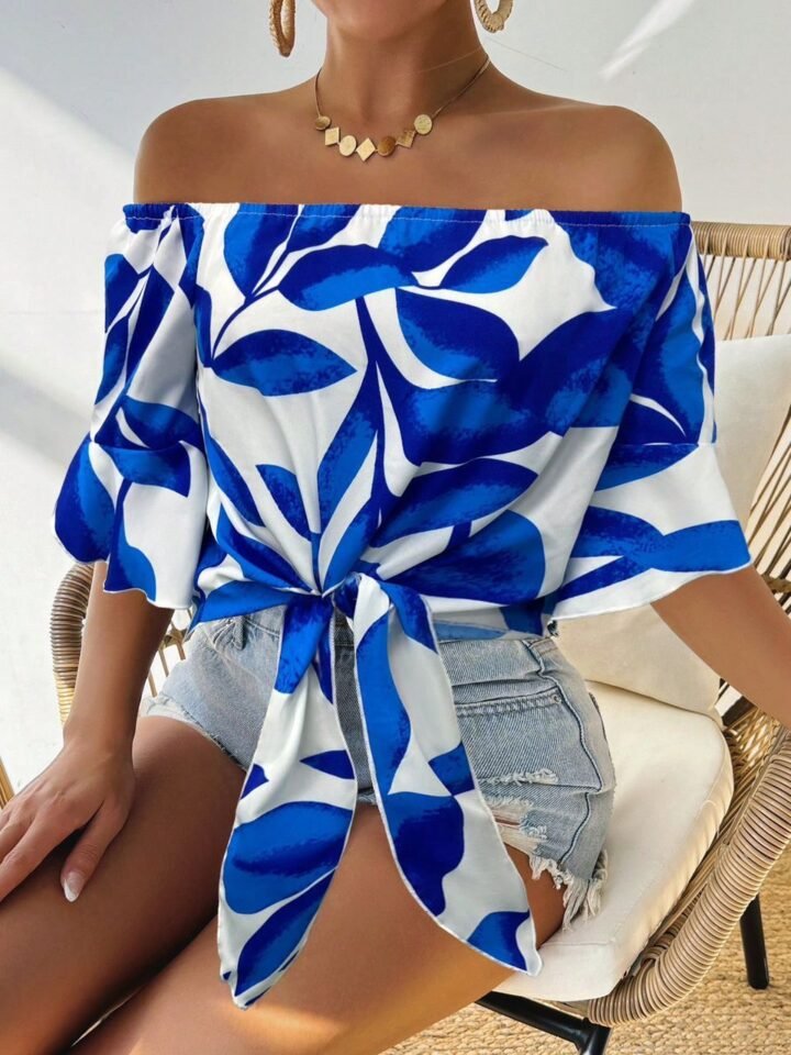 asdsfasdwf0_ Blusa Fresca Azul Rey y Blanco con Hombros Descubiertos y Amarre Frontal