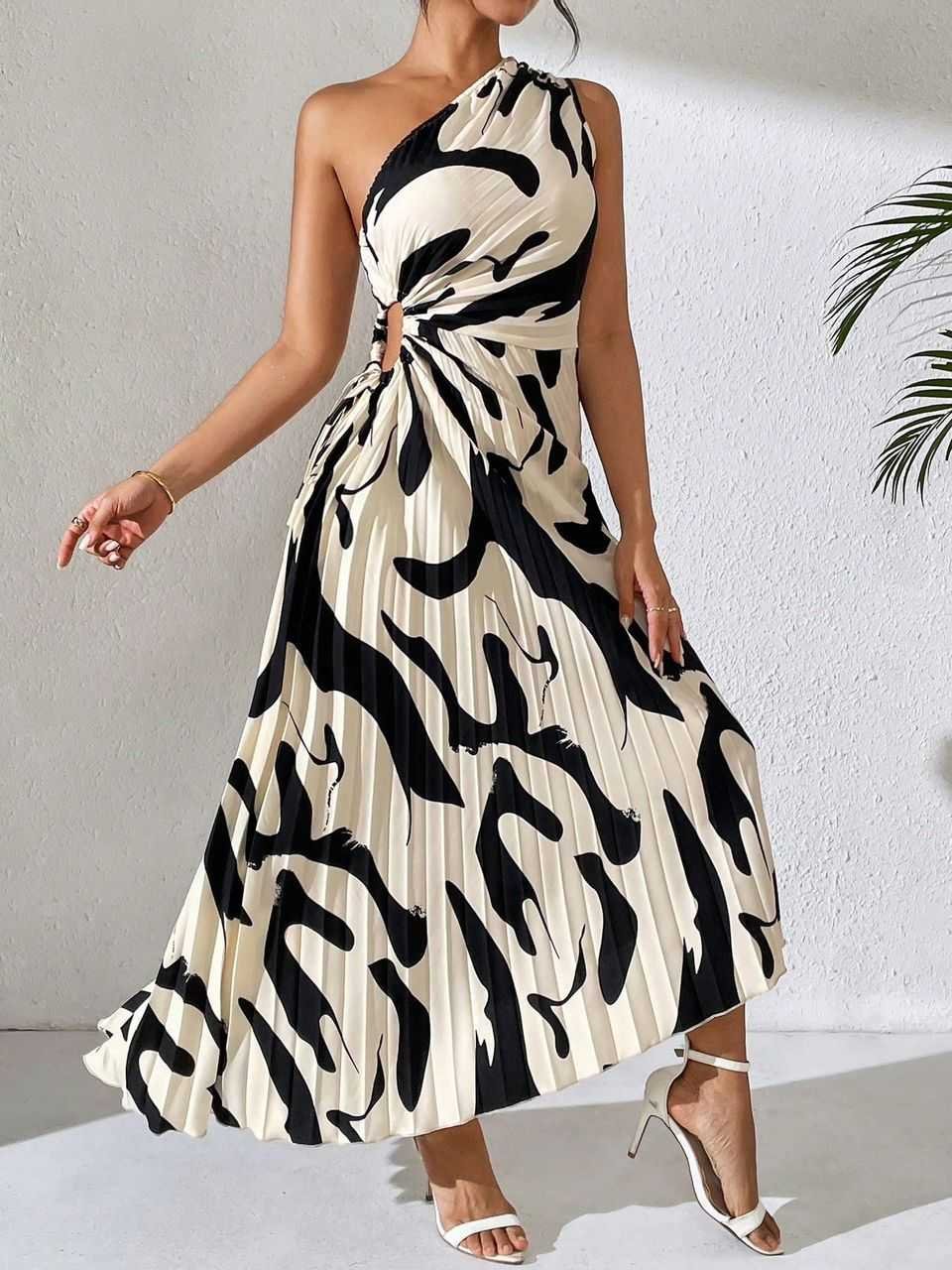 jssssrdwf0_ Vestido Talla M Midi Plisado de Un Hombro con Abertura en Cintura y Estampado Abstracto