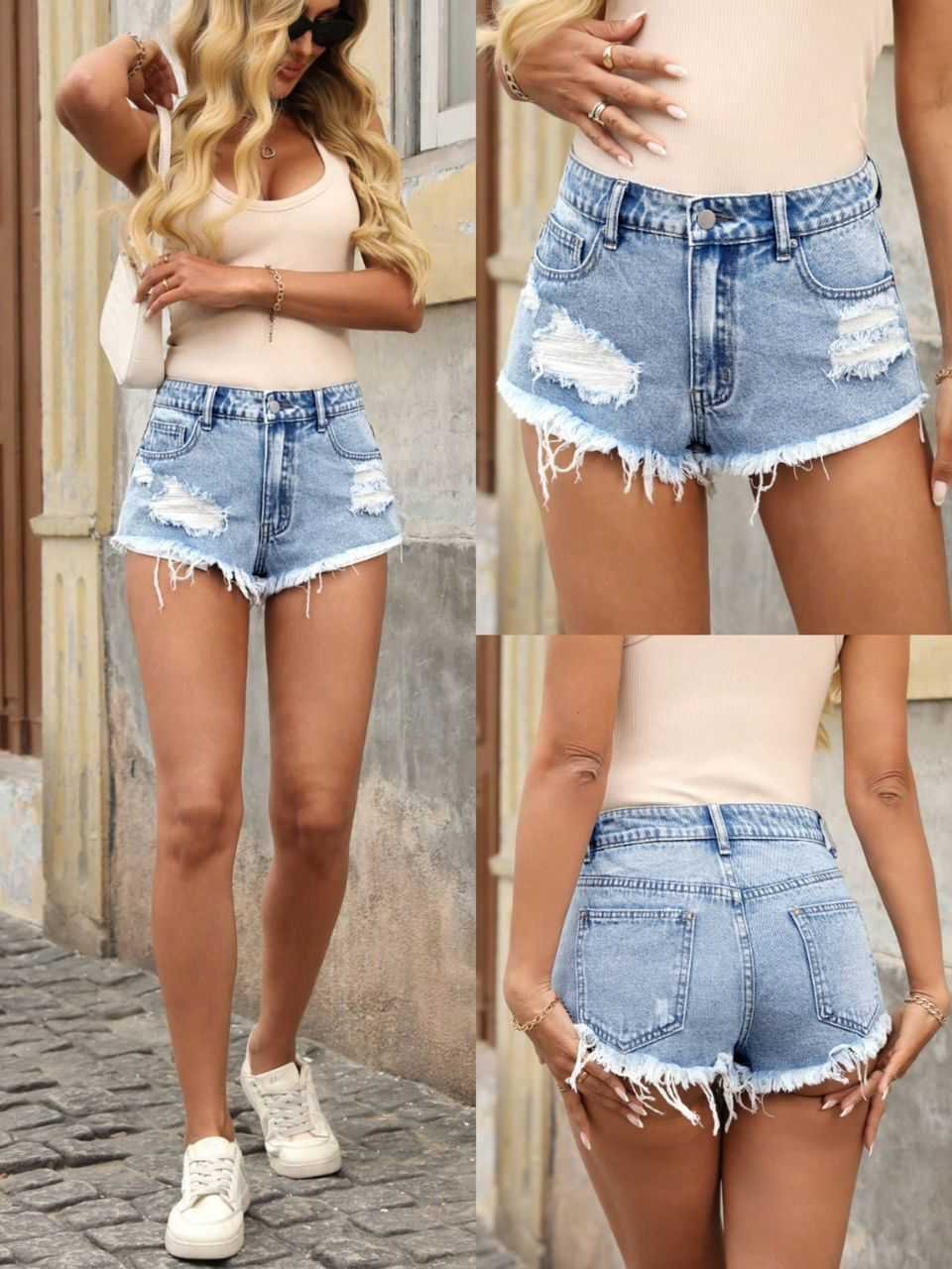 Short de Jean talla S Corto Lavado Claro con Diseño Desgastado y Rotos