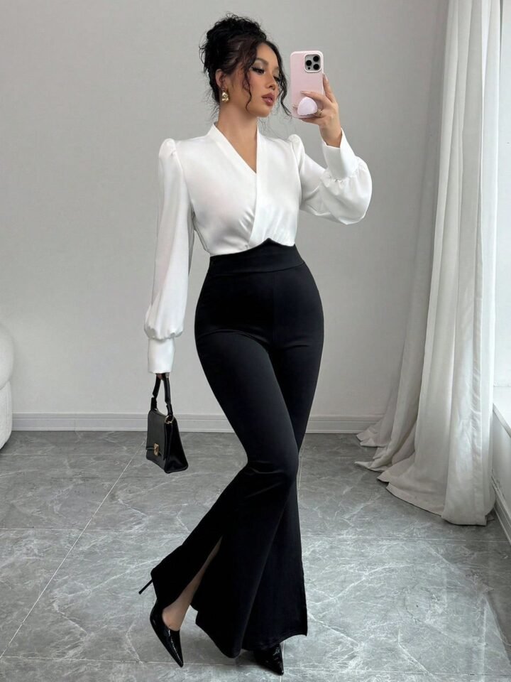 Conjunto Ejecutivo de Blusa Blanca con Mangas de Farol y Pantalón Acampanado Negro